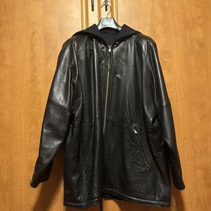 Black leather hooded jacket - lined